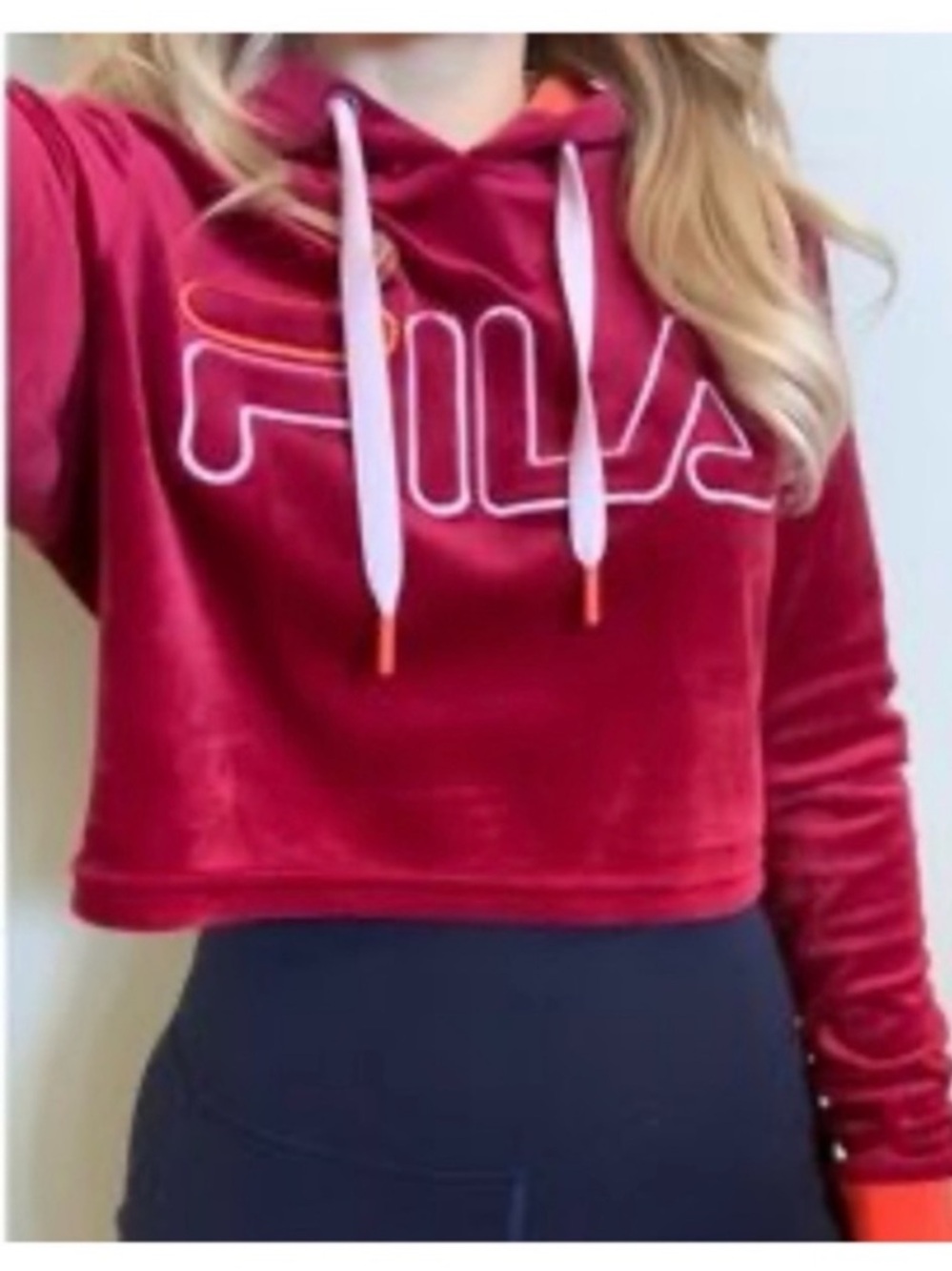 FILA Antonella Velour Cropped Hoodie Burgundy Orange Y2K S